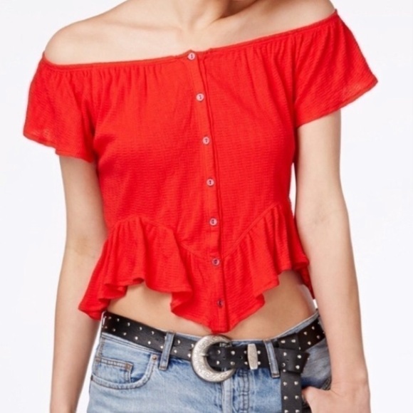 Free People Mint Julep Cherry Red Off Shoulder Top Sz S - Picture 2 of 8